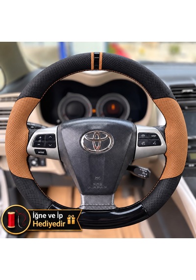 Toyota Corolla E140 / E150 Dikme Direksiyon Kılıfı Delikli Deri Parlak Siyah Taba Detay Çift Yüzük Ve Dikiş 2006-2013