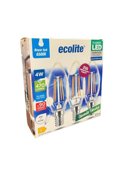 Ecolite 4w Led Filament Mum Ampul, E14 Duy, 6500k Beyaz Işık, 470 Lümen, Şeffaf Cam, Akkor Görünümlü Dekoratif L Diğer