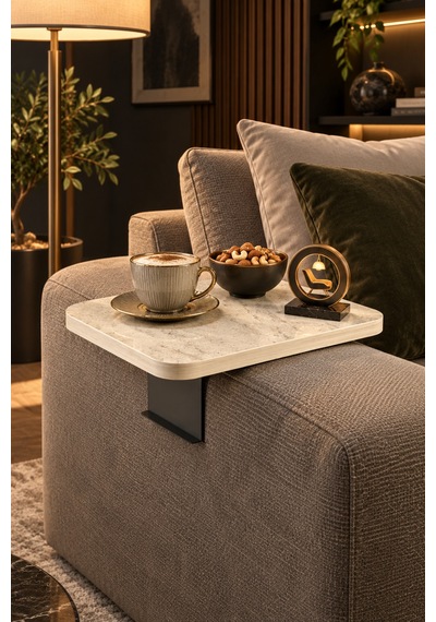 Odera Traverten Ekru Ayarlanabilir Koltuk Kolu Sehpası 40x40 Cm Metal Destekli Modern C Sehpa Diğer