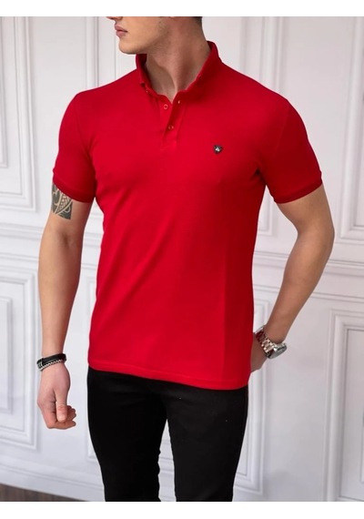 Modefendi Slim Fit Düğme Detaylı Pamuk Örme Polo Yaka Tshırt Kırmızı