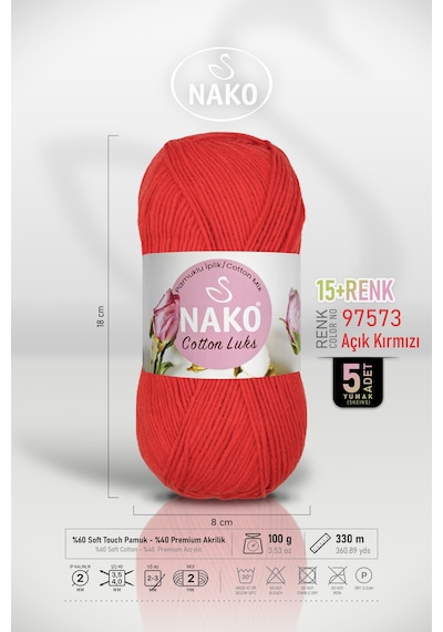 Cotton Lüks - 97573 Kırmızı - 5'li Paket - 100gr/330m - Pamuklu Hırka Yelek Amigurumi İpi