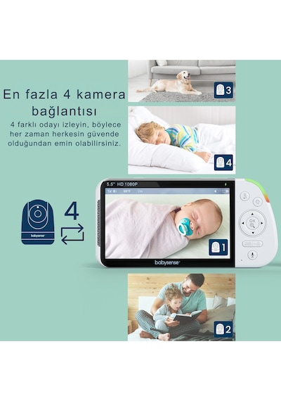 Babysense Maxview-2cam 5.5" Full Hd Bebek Monitörü, 2 Kamera, Rgb Gece Işığı, 5000mah Pil Kamera Sistemi
