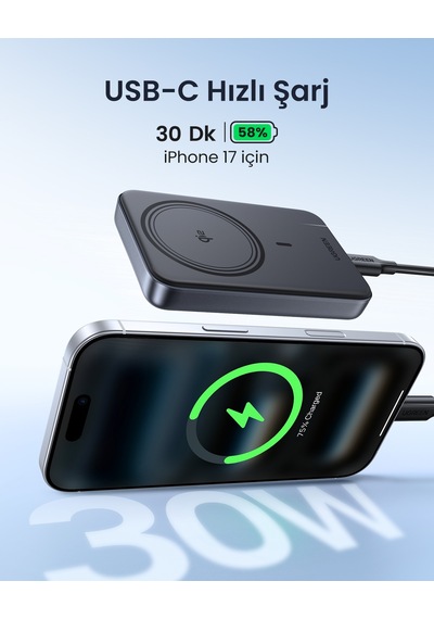Ugreen Zapix 10.000mah 30w Magsafe Wireless Hızlı Şarj Powerbank, 30w Usb-c+15w Wireless Şarj, 45763 Gri