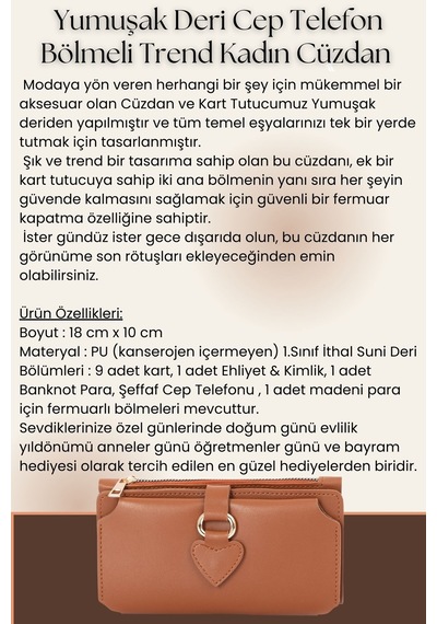 Süzer Deri Soft Yumuşak Deri Cep Telefon Bölmeli Kalp Detaylı Trend Kadın Cüzdan Turuncu Turuncu