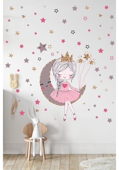 Ayda Oturan Sevimli Kız Çocuk Odası Duvar Sticker Seti