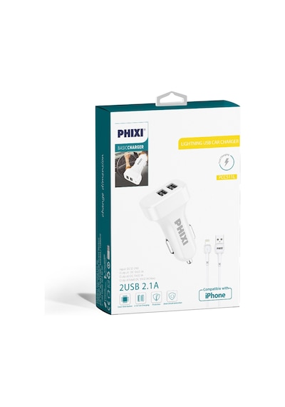 Phixi PCC511L Basic 2.1A Çift Çıkışlı Lightning Kablolu Araç Şarj