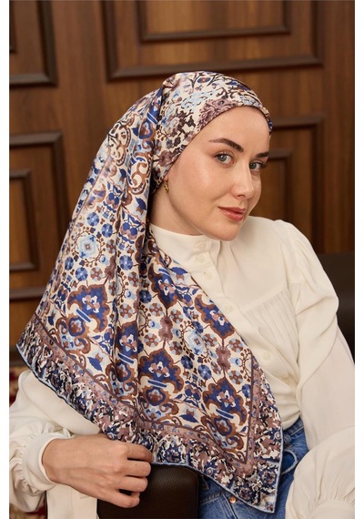 Silk Home Twill İpek Eşarp Krem Lacivert Desenli Tok Duruşlu Kaymaz 90x90 Çok Renkli