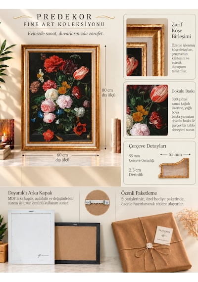 Gold Çerçeveli Varaklı Yağlı Boya Dokulu Şık Salon Tablosu - Hollanda Altın Çağı Sanat Eseri Klasik Vintage Natürmort Dark Floral Dekoratif Duvar Tablosu 50x70 Cm / Çerçeveli 60x80 Cm Gold Çerçeveli Varaklı Yağlı Boya Dokulu Şık Salon Tablosu - Hollanda Altın Çağı Sanat Eseri Klasik Vintage Natürmort Dark Floral Dekoratif Duvar Tablosu 50x70 Cm / Çerçeveli 60x80 Cm