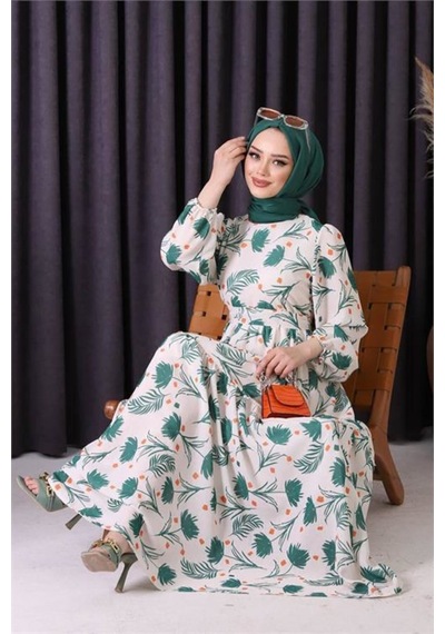Dip Moda Kadın Keten Desenli Tesettür Elbise Sms002 - Bej Camel