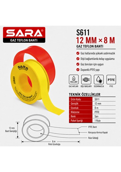 Sara S611 Gaz Teflon Bandı 12 Mm X 8 M, Ptfe, Sarı, 10 Lu Paket