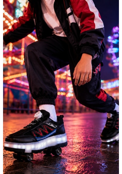 Muggo Skate Çocuk Işıklı Patenli Tekerlekli Sneaker Spor Ayakkabı Siyah - Kırmızı