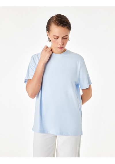 Koton Pamuklu Kısa Kollu Bisiklet Yaka Oversize Basic Tişört Mavi 7wak50007ek