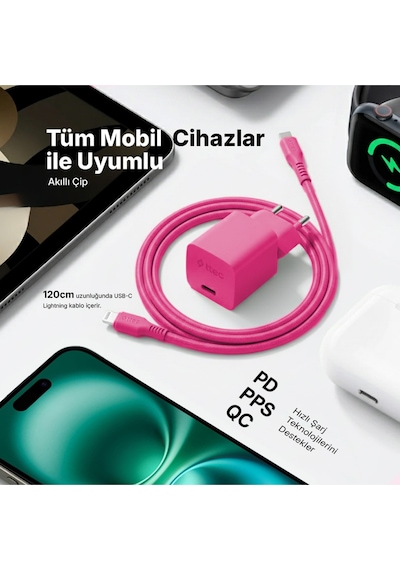 Ttec Smartcharger Gan 20W PD Seyahat Hızlı Şarj Aleti+USB-C-Lightning 120 CM Kablo Neon Pembe