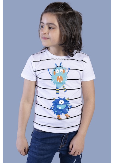 Toontoy Kids Toontoy Erkek Çocuk Çizgili Canavar Baskılı Tişört Beyaz