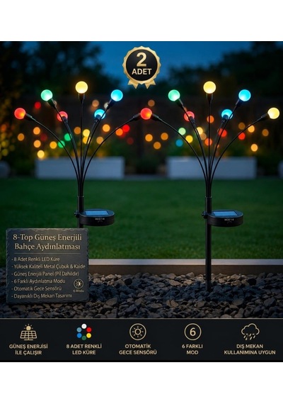 Mr Güneş Enerjili 8 Top Led Bahçe Aydınlatma Lambası 6 Modlu, Metal Saplama Çubuklu, Dış Mekan Dekoratif Led Işık 2