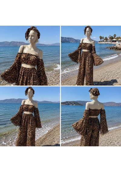 Na Addesıgn Leopar Desenli Şifon 3 Lü Plaj Takımı İspanyol Kol Crop Set Leopar