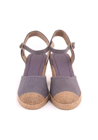 Star Tombis Gerçek Elişi Topuğu Açık Burnu Hasırlı Bilekten Bantlı Dolgu Topuk Keten Hasır Espadril Handmade Gri