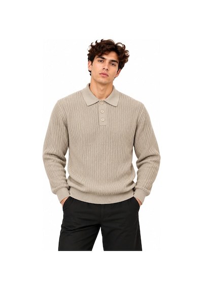 Erkek Polo Yaka Uzun Kollu Standart Fit Kalıp Kazak 27001 Ekru