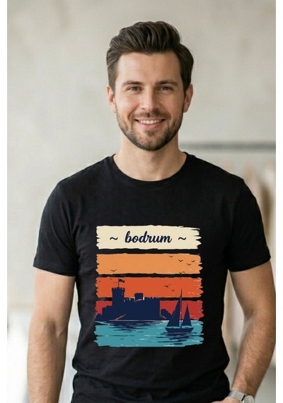 Baranışık Bodrum Kalesi Ve Yelkenli Retro Baskılı Unisex Beyaz Tişört Siyah