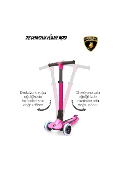 Lamborghini Lisanslı L1 Luxury Katlanabilir 3 Tekerlekli Işıklı Çocuk Scooter Pembe