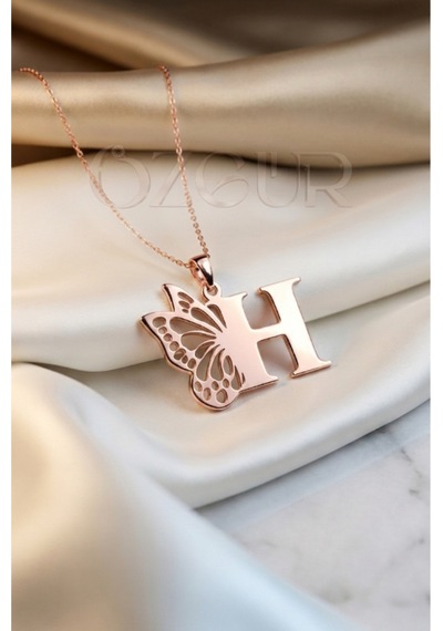 925 Ayar Gümüş Kelebekli Harf Kolye Rose Gold