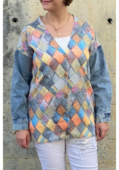 Mia Butik Büyük Beden Rengarenk Baklava Desenli Hırka Rengarenk