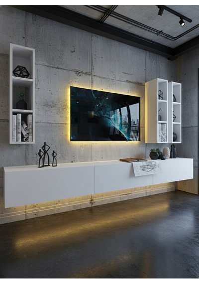 Resital Ledli Duvara Monte Tv Sehpası - Beyaz - W6006-1 Beyaz