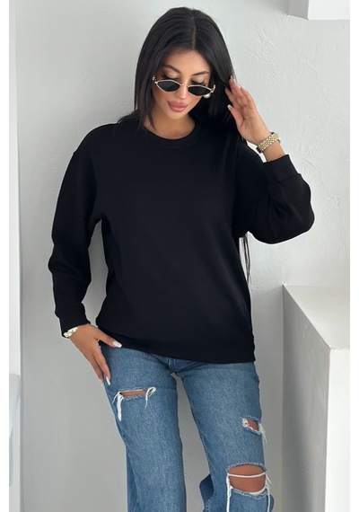 Femelle Siyah Modal Kumaş Basic Sweatshirt
