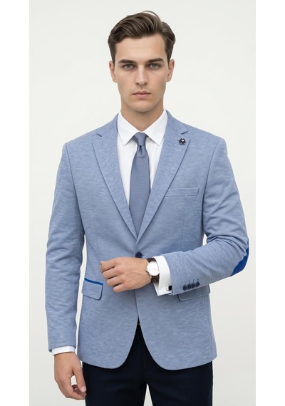 Plus Scorpion Erkek Slim Fit Ceket Kol Yamalı Çift Yırtmaç Mikro Desenli Blazer Indigo