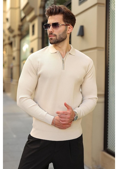 Madmext Taş Rengi Polo Yaka Yarım Fermuarlı Dokulu Erkek Triko Kazak E7510