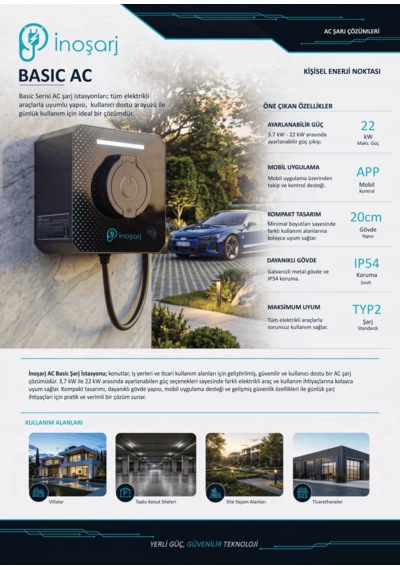 İnoşarj Basic Ac 22 Kw Wi Fi Type 2 Soketli Elektrikli Araç Şarj İstasyonu
