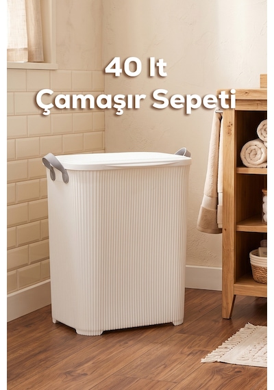 Porsima 0750-1 Stil Kapaklı Kirli Çamaşır Sepeti - Dikdörtgen Kirli Çamaşır Sepeti Beyaz 40lt