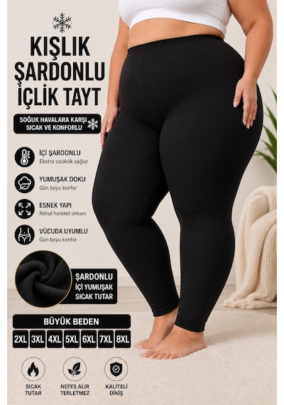 Medament Büyük Beden Kadın Şardonlu Tayt Kışlık Sıcak Tutan Yüksek Bel Esnek Tayt 2xl 3xl 4xl 5xl 6xl 7xl 8xl Siyah