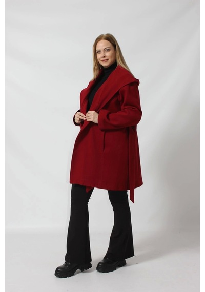 Moda Berray Kuşaklı Yandan Bağlama Detaylı Kapüşonlu Kaşe Kaban Bordo