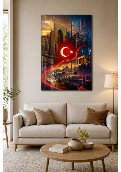 Türkiye Temalı Baskılı Cam Tablo Türk Bayrağı Ve Tarihi Mimari Duvar Dekoru