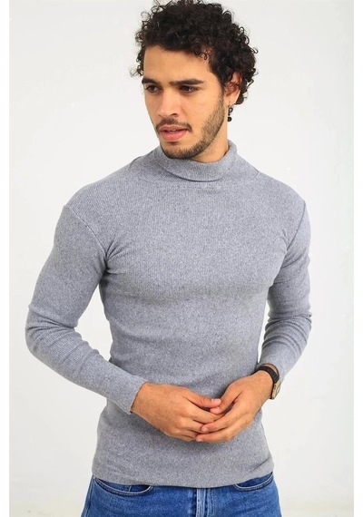 Erkek Kaşkorse Boğazlı Full Likralı Fitilli Body Kazak - Gri