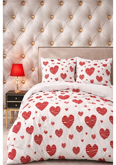 More Home Tek Kişilik Yorgan Kılıfı + Yastık Kılıfı Kalp Desen Beyaz Kırmızı