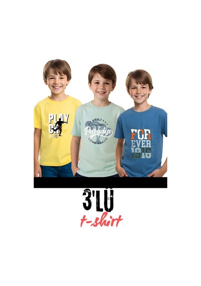 Panios Kids Unisexs 3lü Yuvarlak Yaka Çocuk Baskılı Kısa Kollu T-shirt Mavmint Yeşil - Sarı