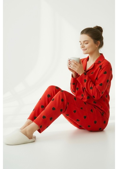Süet Gömlek Pijama Takımı 7107 Kalpli Kırmızı Kırmızı