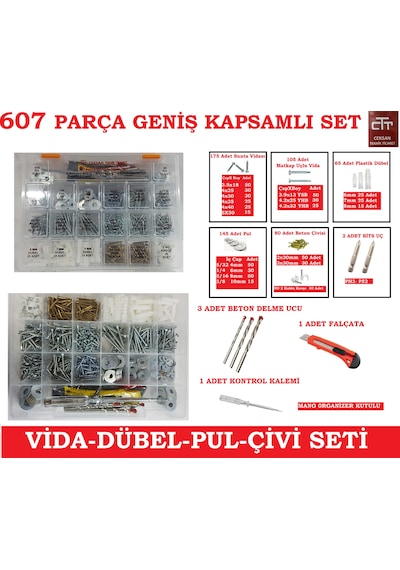 Vida -Dübel-Pul-Çivi -Hırdavat Seti 607 Parça Kullanışlı Set
