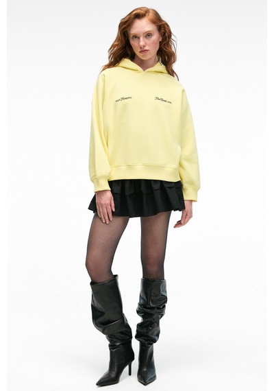 Grımelange ORINQUE Kadın Kapüşonlu Baskı ve Nakış Detaylı Oversize Sarı Sweatshirt