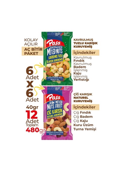 Karışık Kuruyemiş Paketi, Tuzlu Ve Naturel Mix, 12 Adet X 40gr, Toplam 480gr, Fındık, Badem, Kaju, Kuru Üzüm Ve 0.75 LT - 2.5 LT - 12 KG