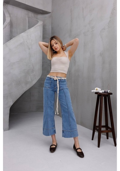 Zdnjeans Kadın Hasır Kemer Detaylı Yüksek Bel Wide Leg Jean Pantolon Mavi