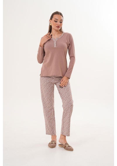 Çift Kaplan Kadın Pamuk Minimal Desen Açık Yaka Patlı Toprak Pijama Takımı 7033 Haki