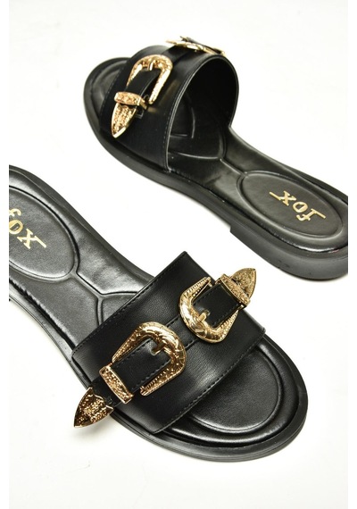 Fox Shoes U250110109 Siyah Tokalı Kadın Terlik Siyah-suni Deri Siyah