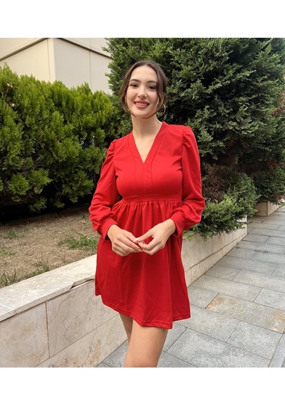 Kadın Uzun Kollu V Yaka Belden Hafif Pileli Scuba Krep Mini Boy Elbise Kırmızı
