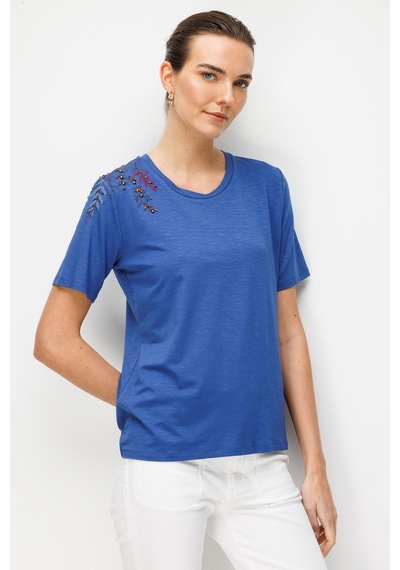 Kadın Sıfır Yaka Tek Omuzu Nakışlı Penye T-shirt İndigo İndigo