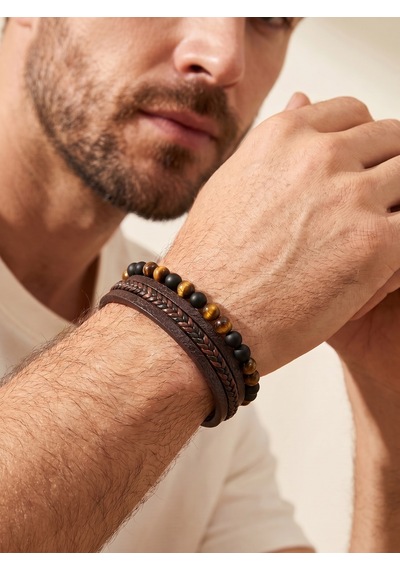 Oniks & Kaplangözü Çoklu Deri Erkek Kahverengi Hediye Bileklik 01876 Çok Renkli