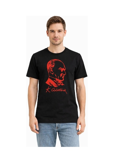 Barlashive Erkek Atatürk Baskılı Tişört Kısa Kollu Bisiklet Yaka T-shirt - Siyah Çok Renkli