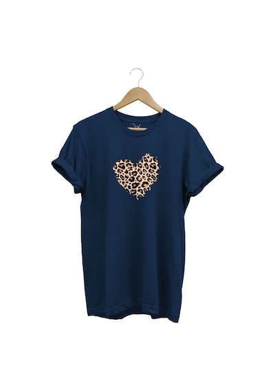 Leopar Desenli Kalp Baskılı %100 Pamuk Regular Fit Bisiklet Yaka Lacivert T-shirt Lacivert